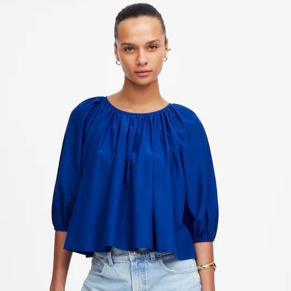 NWT Madewell Shirred Puff-Sleeve Top in Cotton-Silk Voile in Bright Sapphire XS